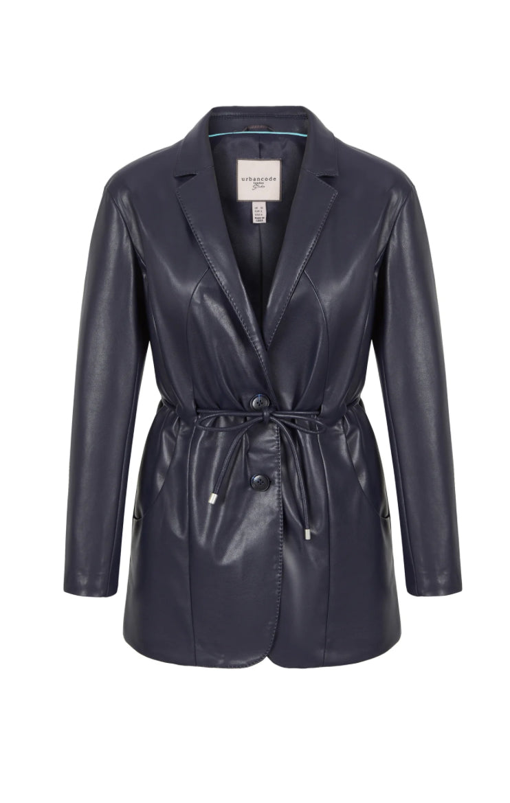 Faux Leather Blazer in Navy