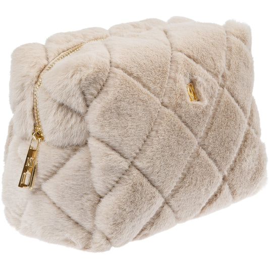 Faux Fur Quilted Make-UP Pouch Small - Sand
