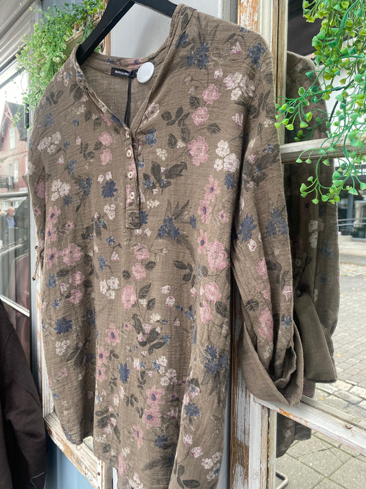 Blomster topp bomull Taupe