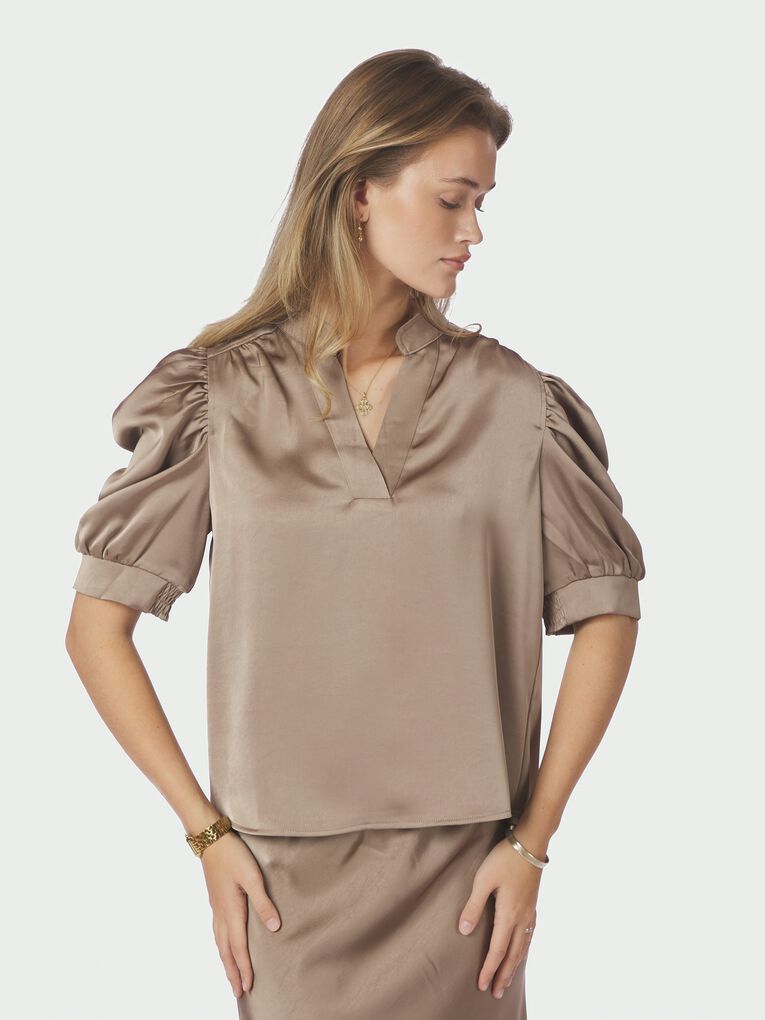 Roella Heavy Sateen Blouse- Taupe