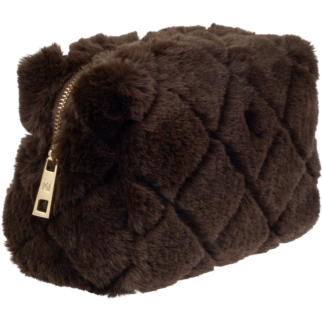 Faux Fur Quilted Make-UP Pouch Small - Brun